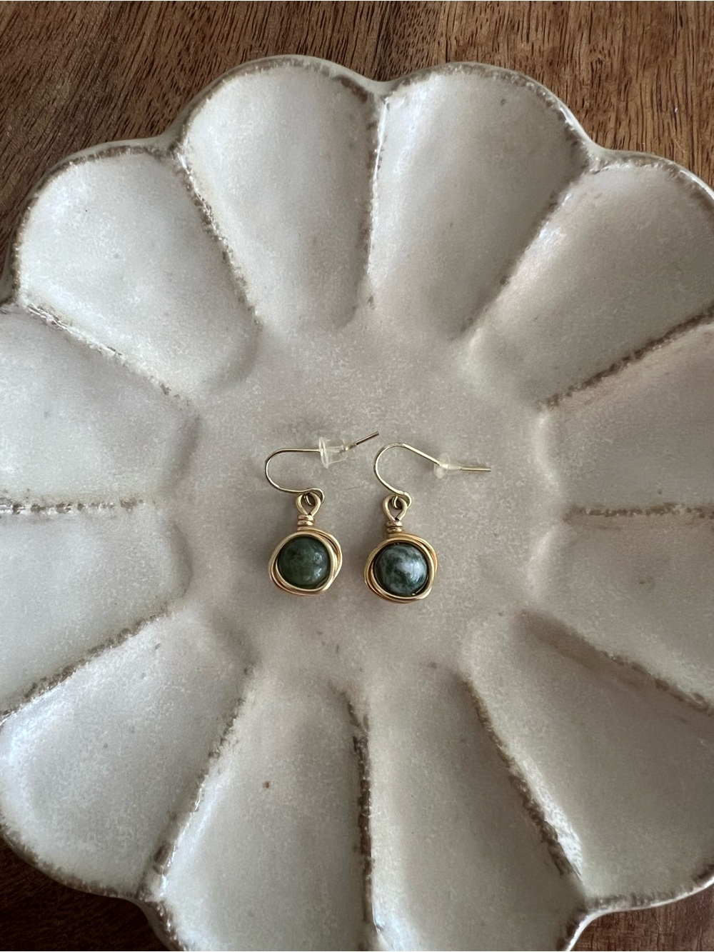 Gold Drop Earrings with Green Stone